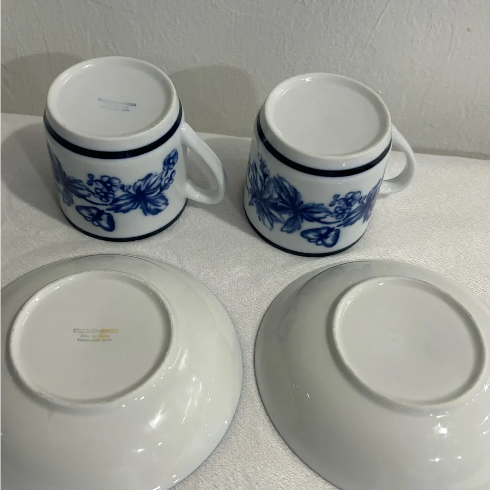 Williams Sonoma blue and white butterfly mugs and saucers